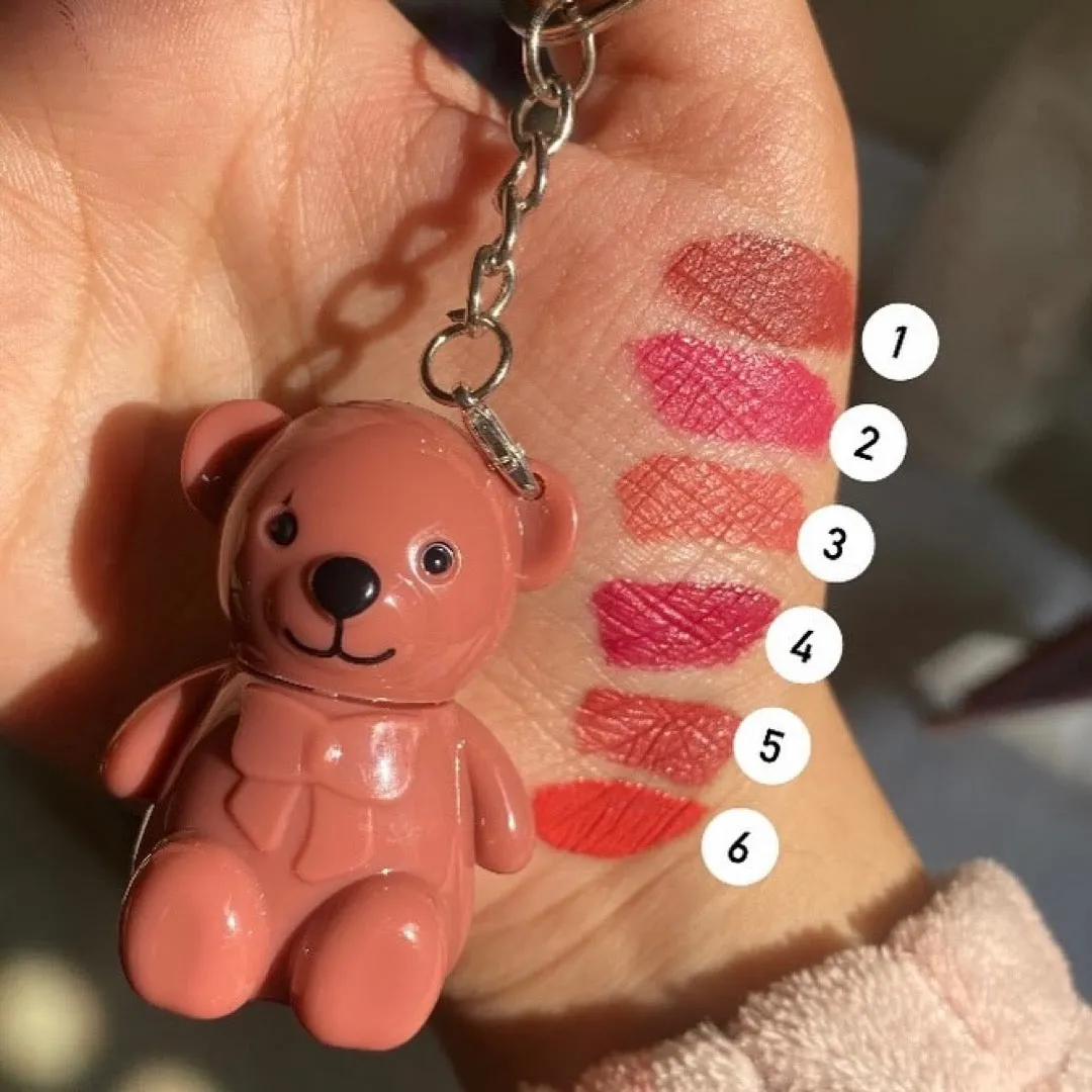 6pcs Korean Bear Keychain Lip Gloss Waterproof & Long-lasting 2 in 1 Lip Gloss