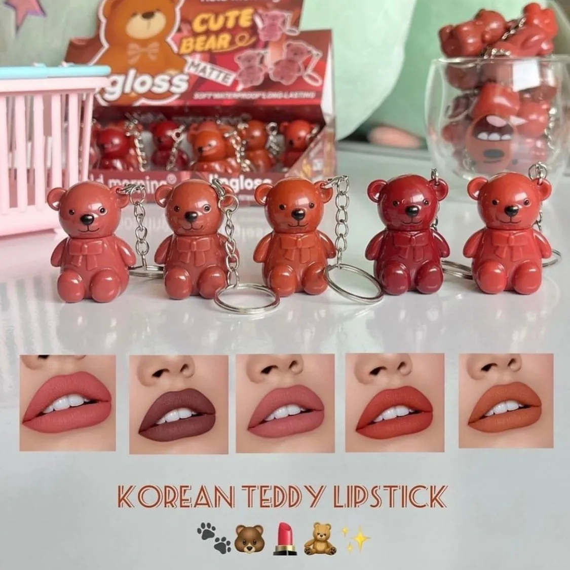 6pcs Korean Bear Keychain Lip Gloss Waterproof & Long-lasting 2 in 1 Lip Gloss