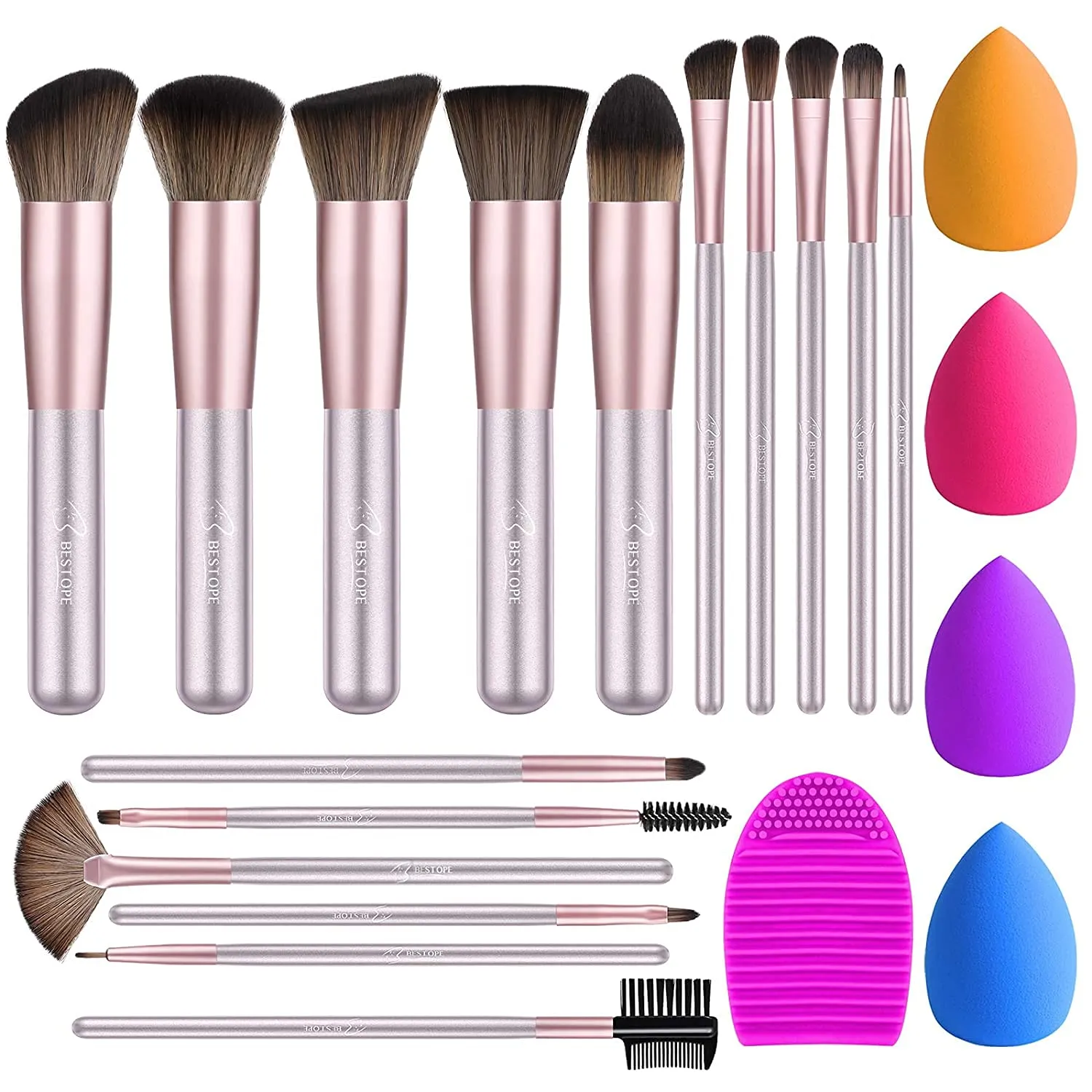 BESTOPE Makeup Brushes 16PCs Makeup Brushes Set with 4PCs Beauty Blender Sponge and 1 Brush Cleaner Premium Synthetic Foundation Brushes Blending Face Powder Eye Shadows Make Up Brushes Tool