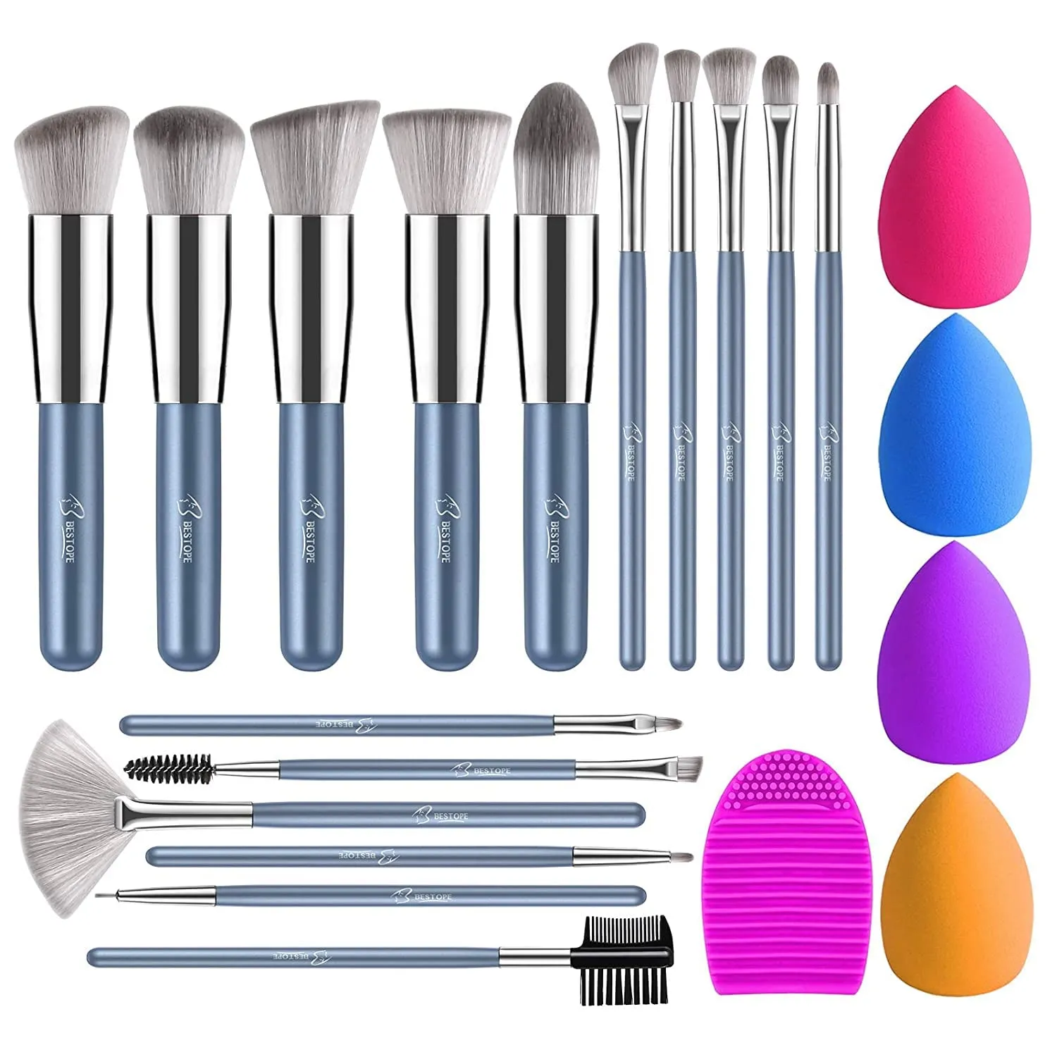 BESTOPE Makeup Brushes 16PCs Makeup Brushes Set with 4PCs Beauty Blender Sponge and 1 Brush Cleaner Premium Synthetic Foundation Brushes Blending Face Powder Eye Shadows Make Up Brushes Tool
