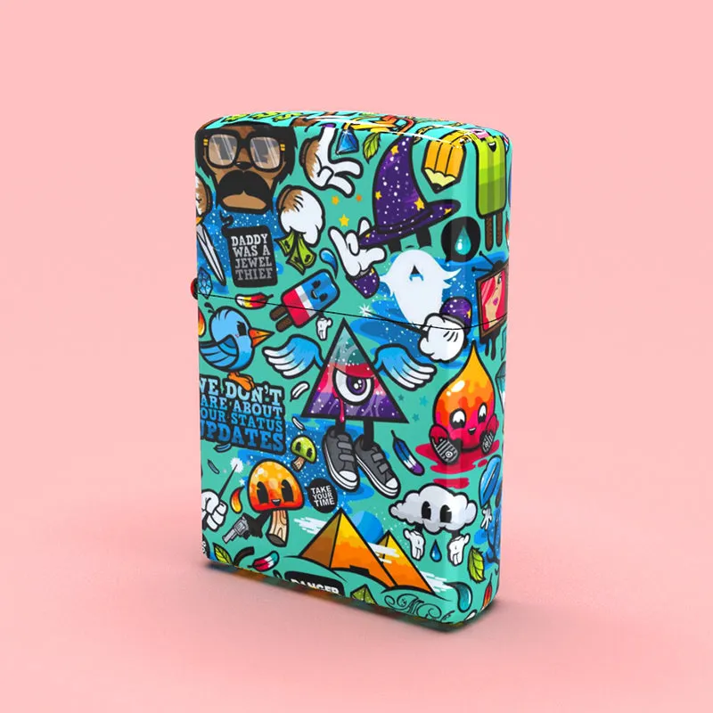 blue graffiti design in glossy high surface lighter Made in USA for Zippo