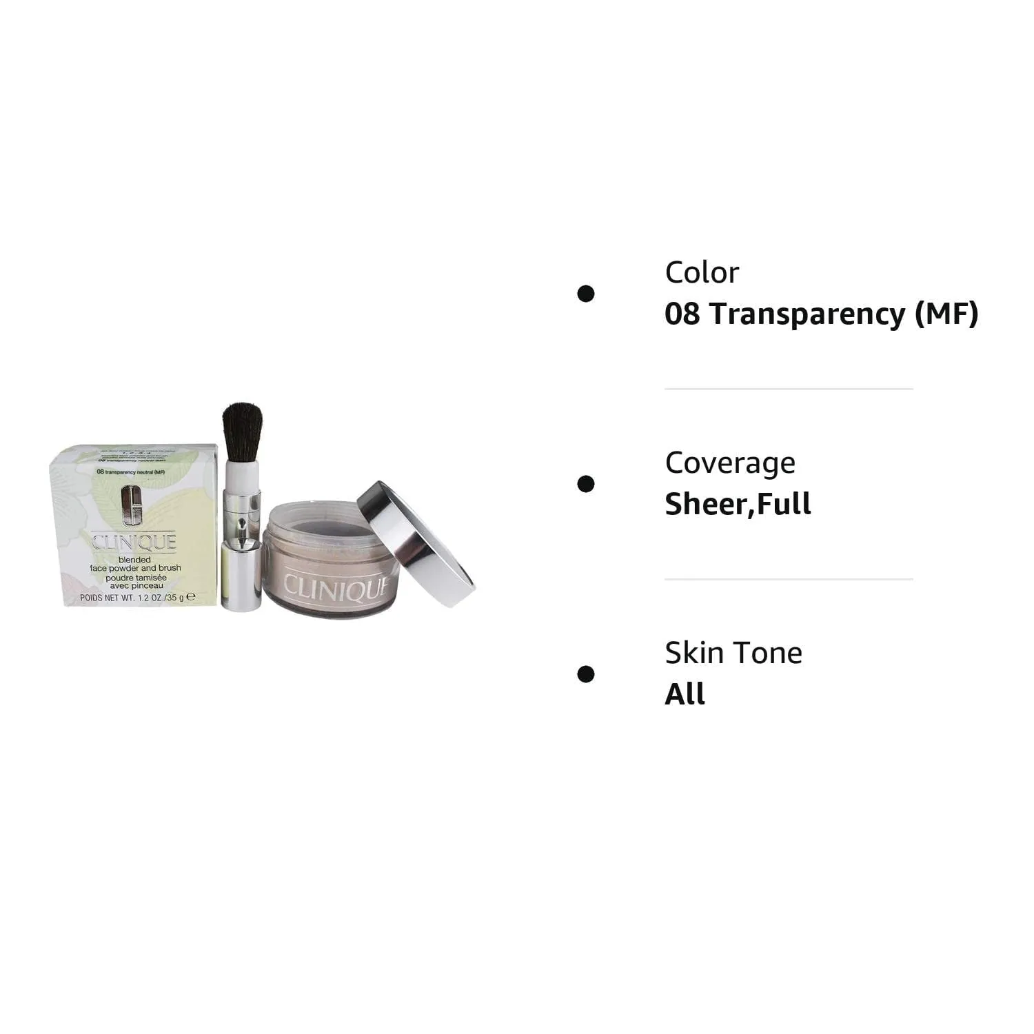 Clinique Blended Lightweight Face Powder For Every Skin Type & Brush- 08 Transparency Neutral, 1.2 oz