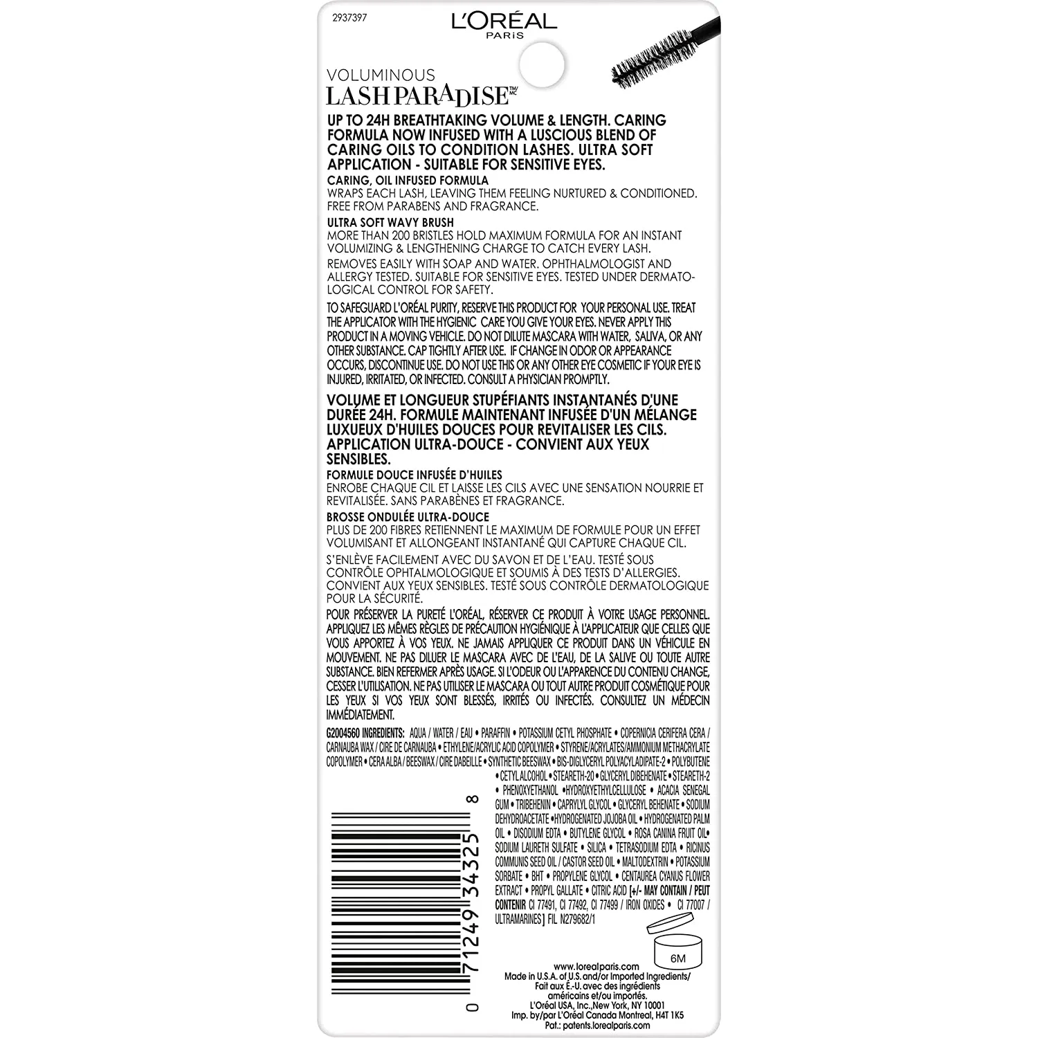 L'Oreal Paris Voluminous Makeup Lash Paradise Mascara, Voluptuous Volume, Intense Length, Feathery Soft Full Lashes, No Flaking, No Smudging, No Clumping, Blackest Black, 1 Count