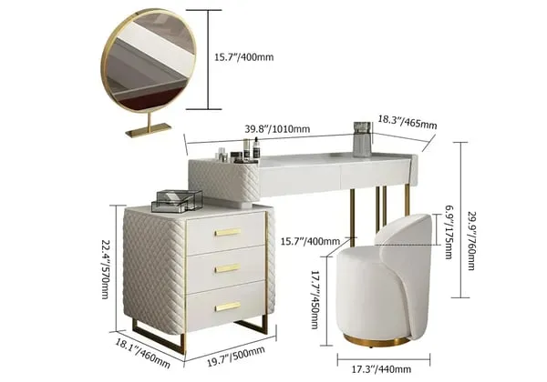 White Makeup Vanity Set Extendable Dressing Table Seat & Mirror Included